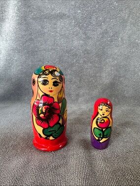 Russian Hand-Painted Nesting Dolls in Red and Purple. 2 Piece Set